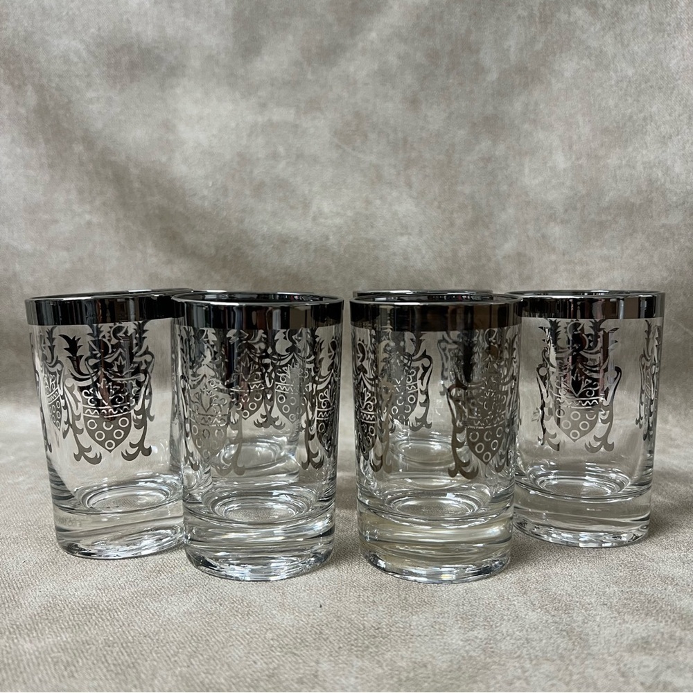 Vintage Kimiko Silver Guardian Crest Highball Glasses Barware Knight Set (6) MCM